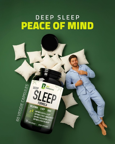 A minimalist ad featuring a person sleeping peacefully among floating pillows, emphasizing the calming effects of the sleep supplement formula.